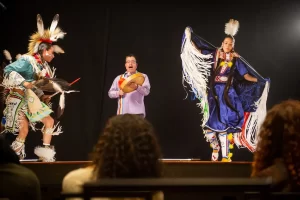 Indigenous dancers and drummers at Whitecap Dakota First Nation